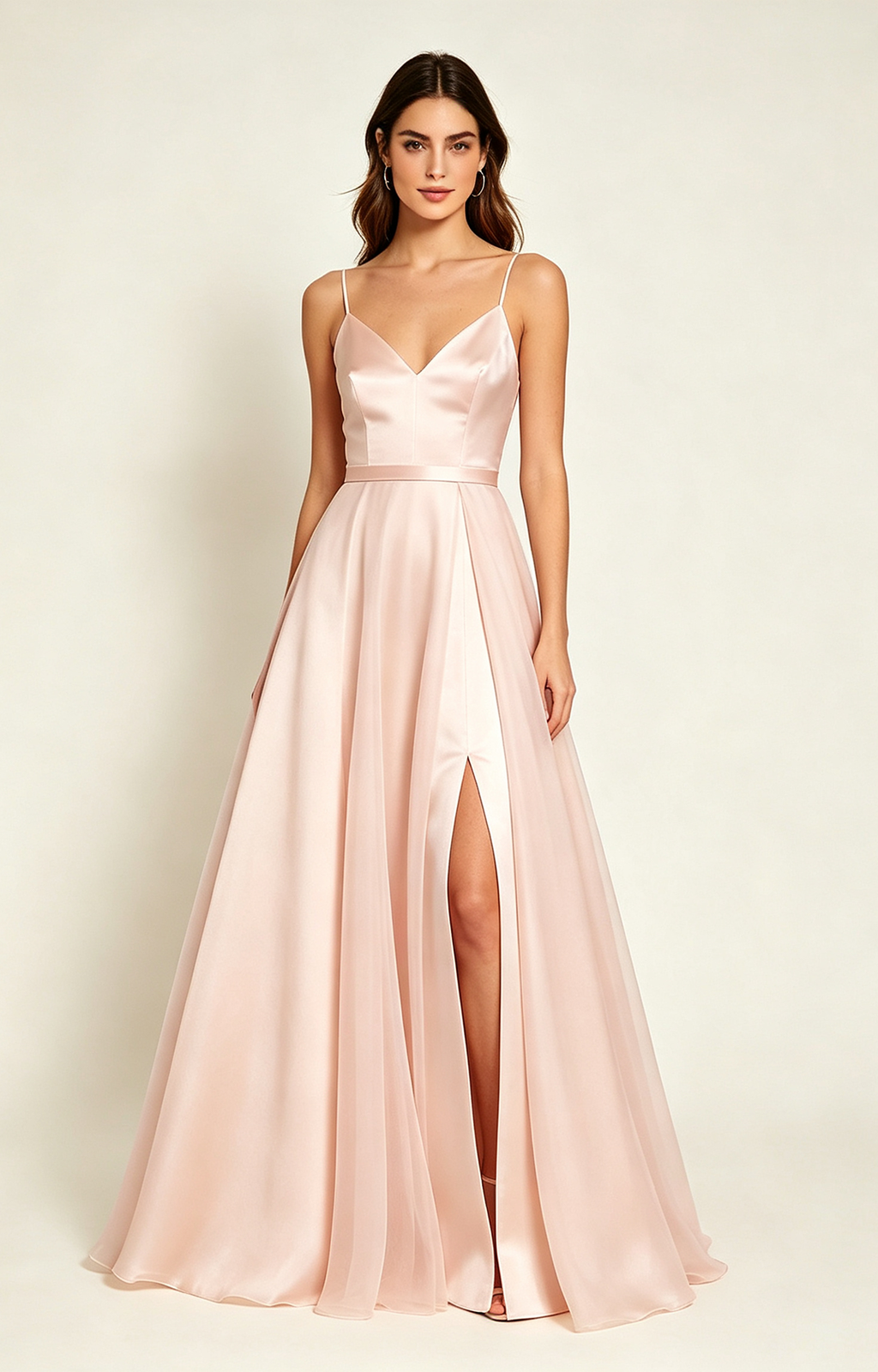 Blush Pink Spaghetti Strap V Neck Satin Bridesmaid Dress Front View