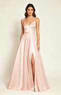 Blush Pink Spaghetti Strap V Neck Satin Bridesmaid Dress Front View