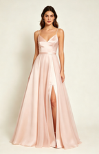 Blush Pink Spaghetti Strap V Neck Satin Bridesmaid Dress Front View