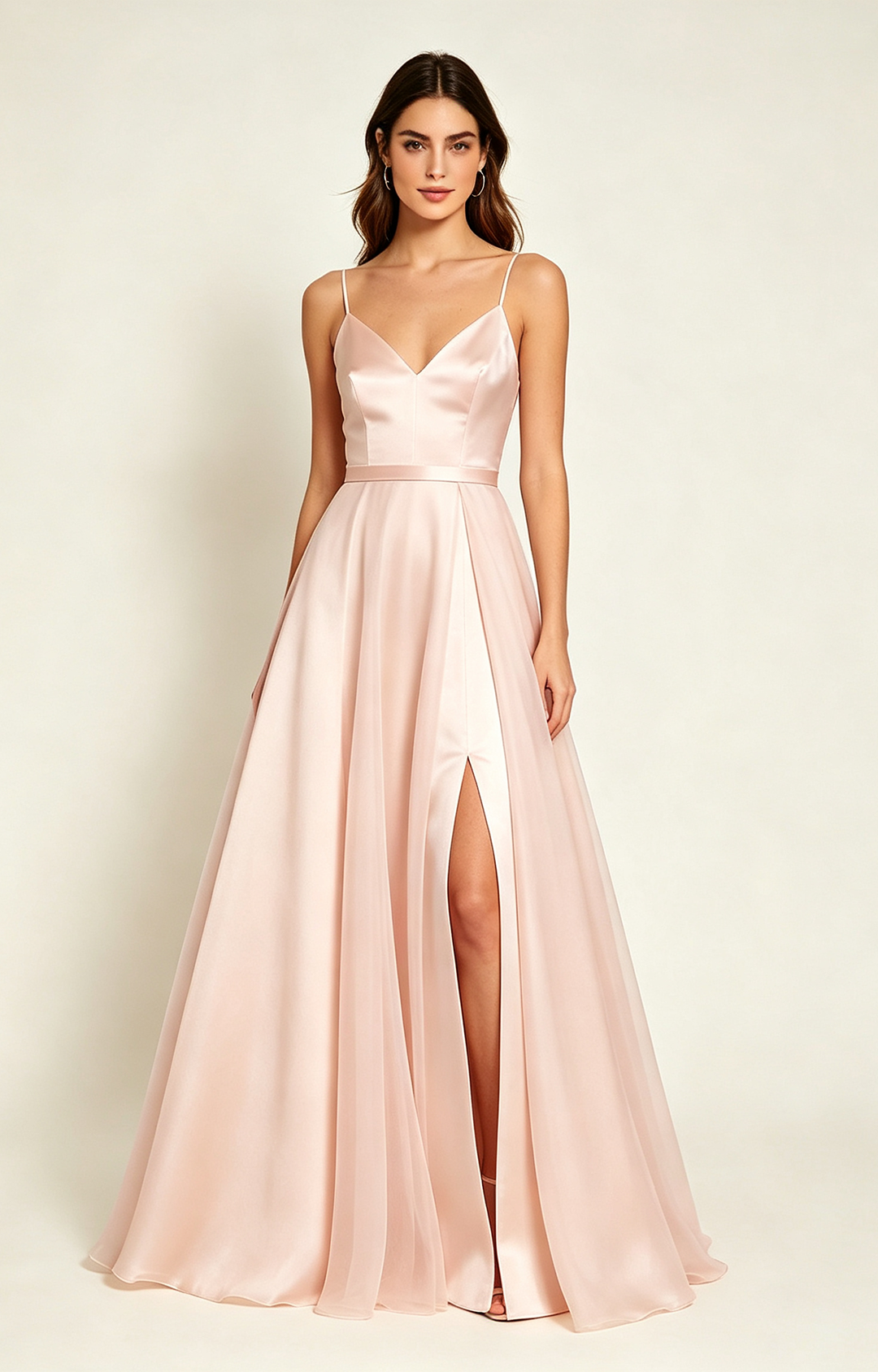 Blush Pink Spaghetti Strap V Neck Satin Bridesmaid Dress Front View