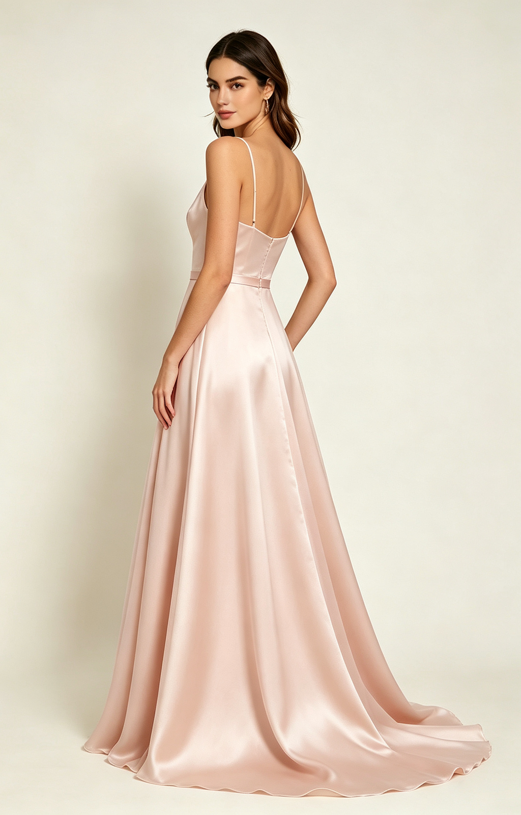 Blush Pink Spaghetti Strap V Neck Satin Bridesmaid Dress Side View