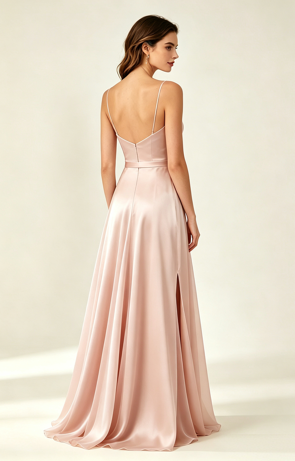 Blush Pink Spaghetti Strap V Neck Satin Bridesmaid Dress BackView