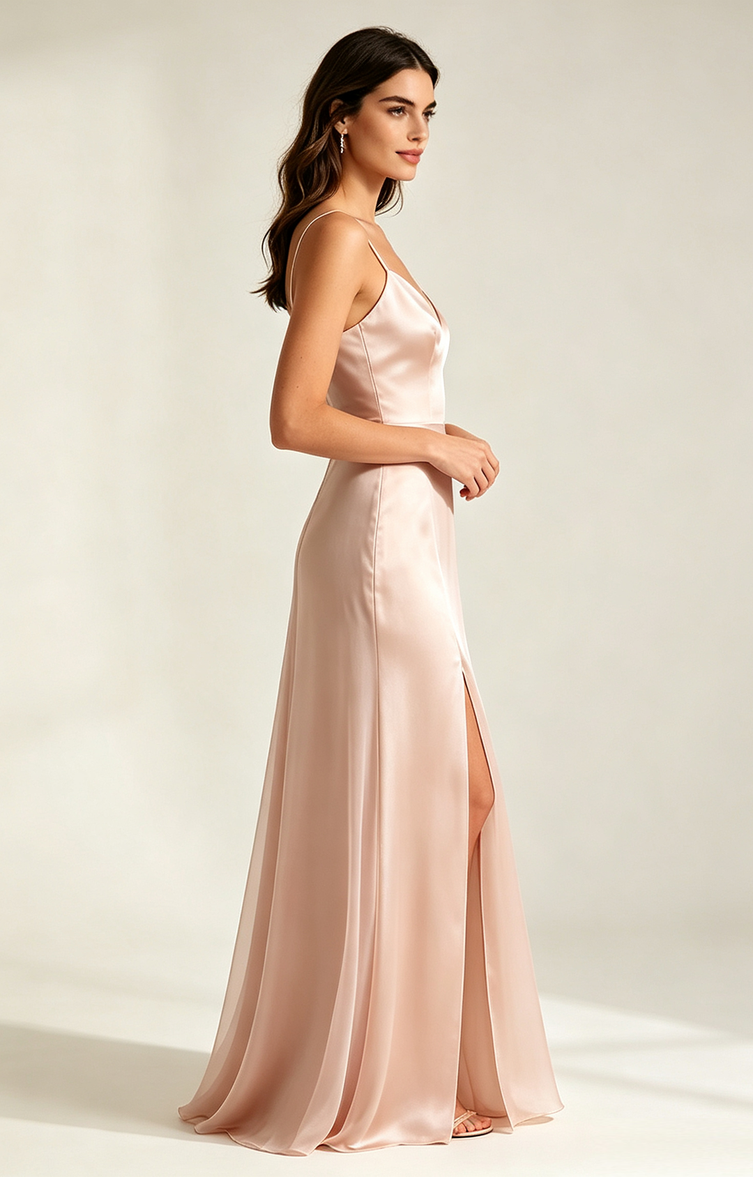 Blush Pink Spaghetti Strap V Neck Satin Bridesmaid Dress Side View