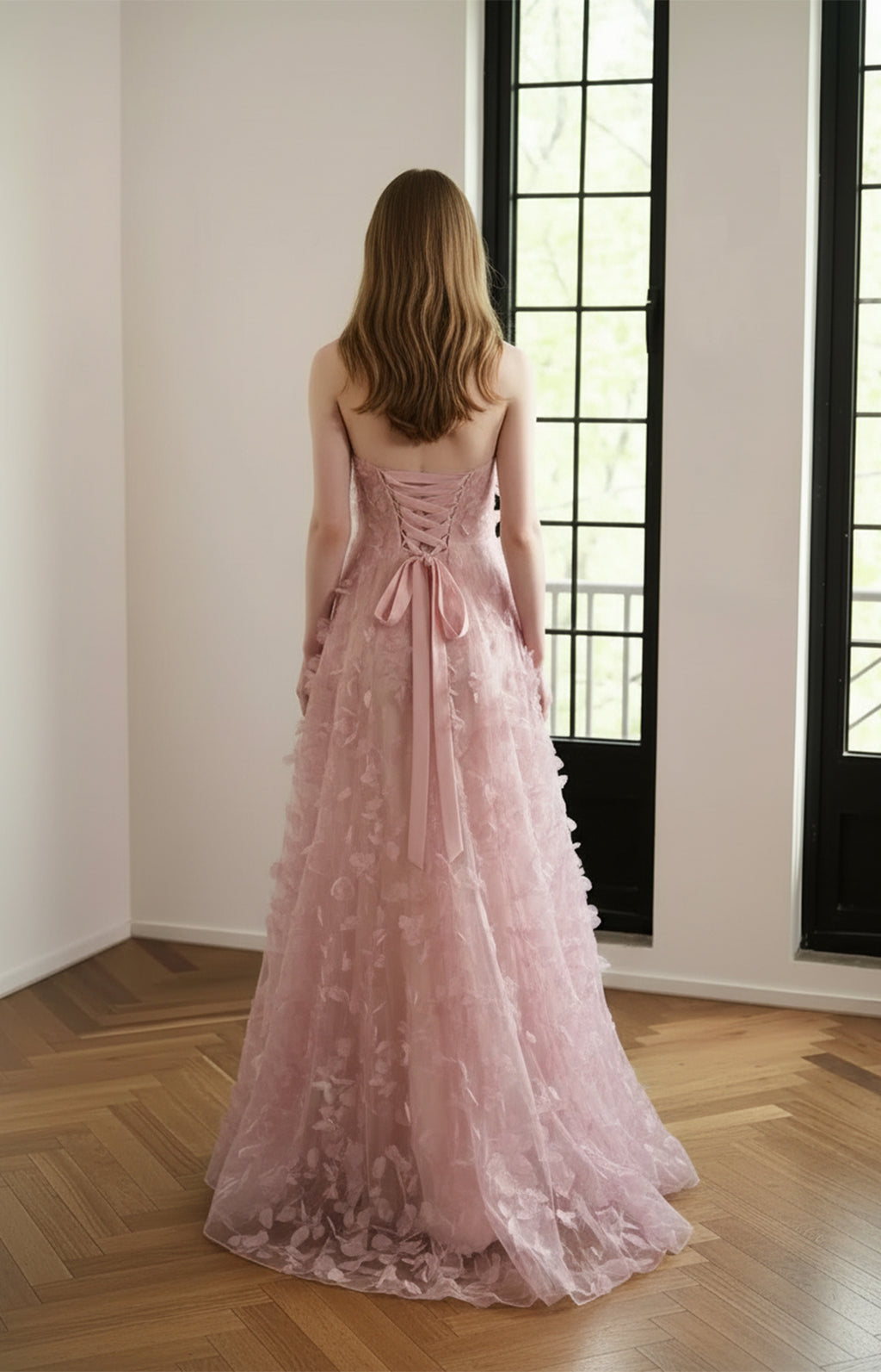 Blush Pink 3D Floral Tulle A-Line Prom Dress Back View