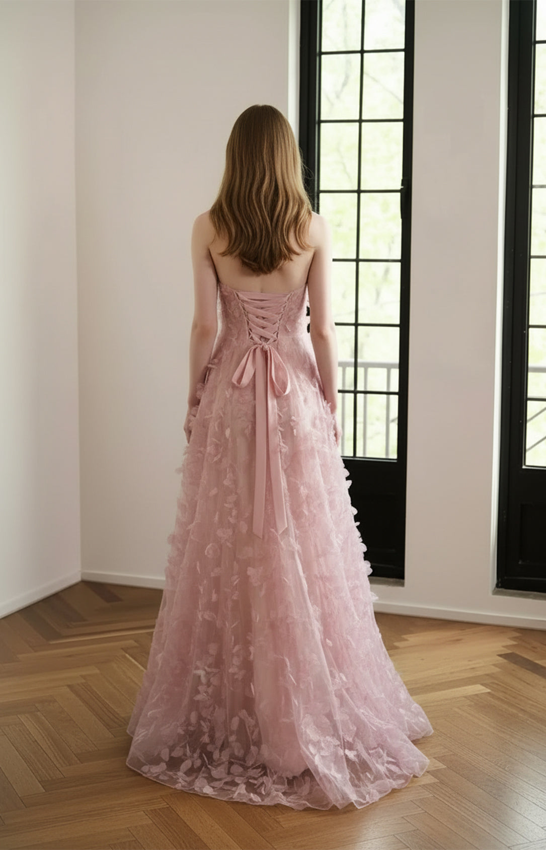 Blush Pink 3D Floral Tulle A-Line Prom Dress Back View