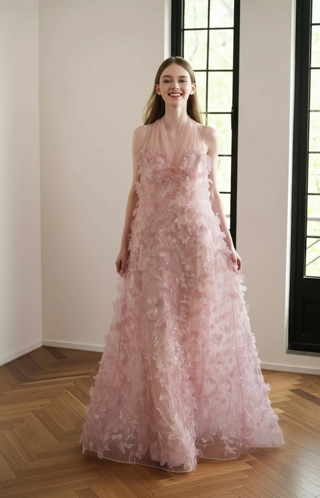 Blush Pink 3D Floral Tulle A-Line Prom Dress Front View