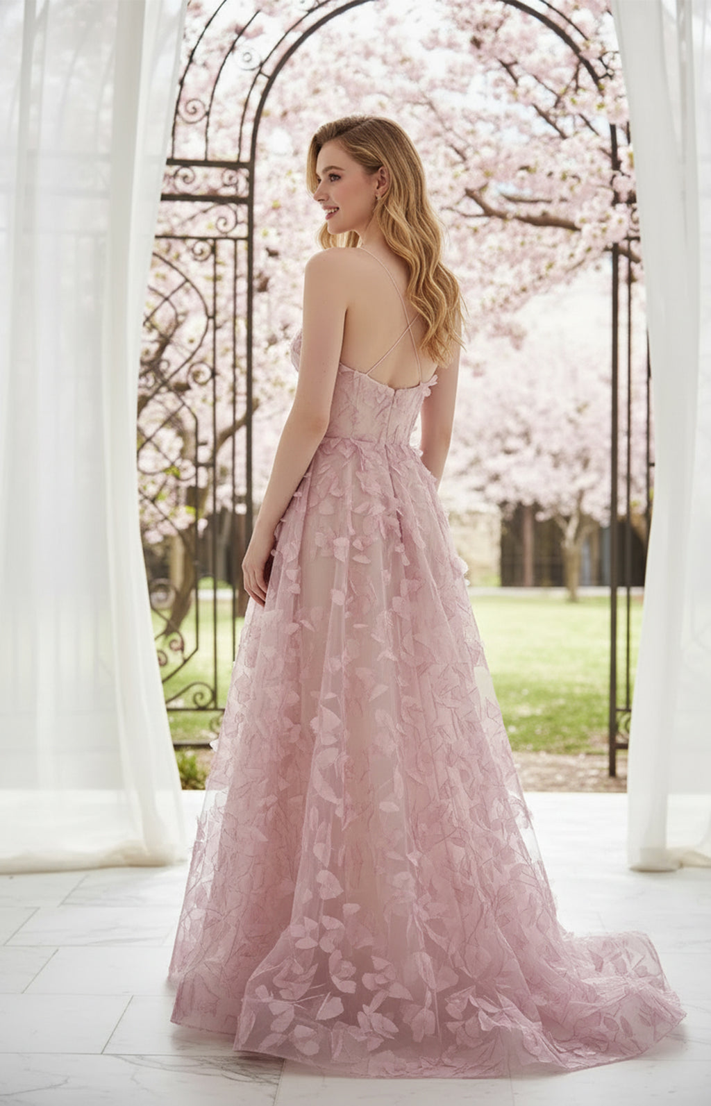 Blush Pink Floral Tulle A-Line Prom Dress Back View
