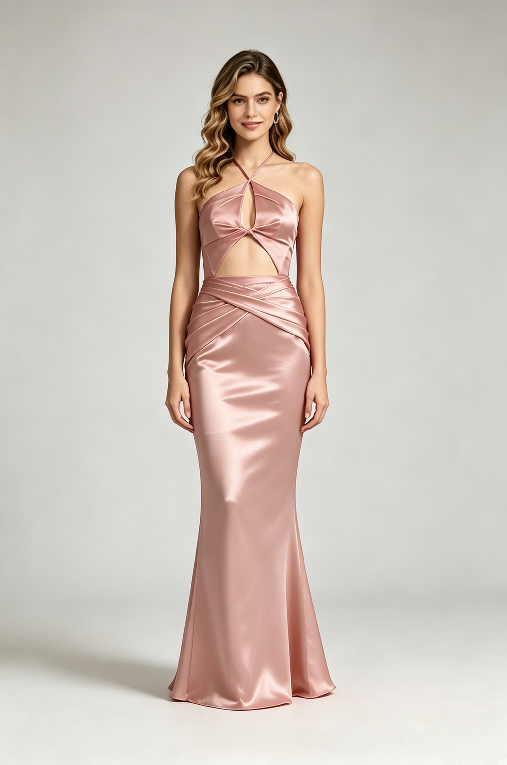 Blush Pink Halter Cutout Satin Mermaid Evening Gown Front View