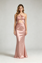 Blush Pink Halter Cutout Satin Mermaid Evening Gown Front View