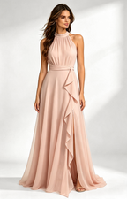 Blush Pink Halter Neck Chiffon Long Formal Dress Front View