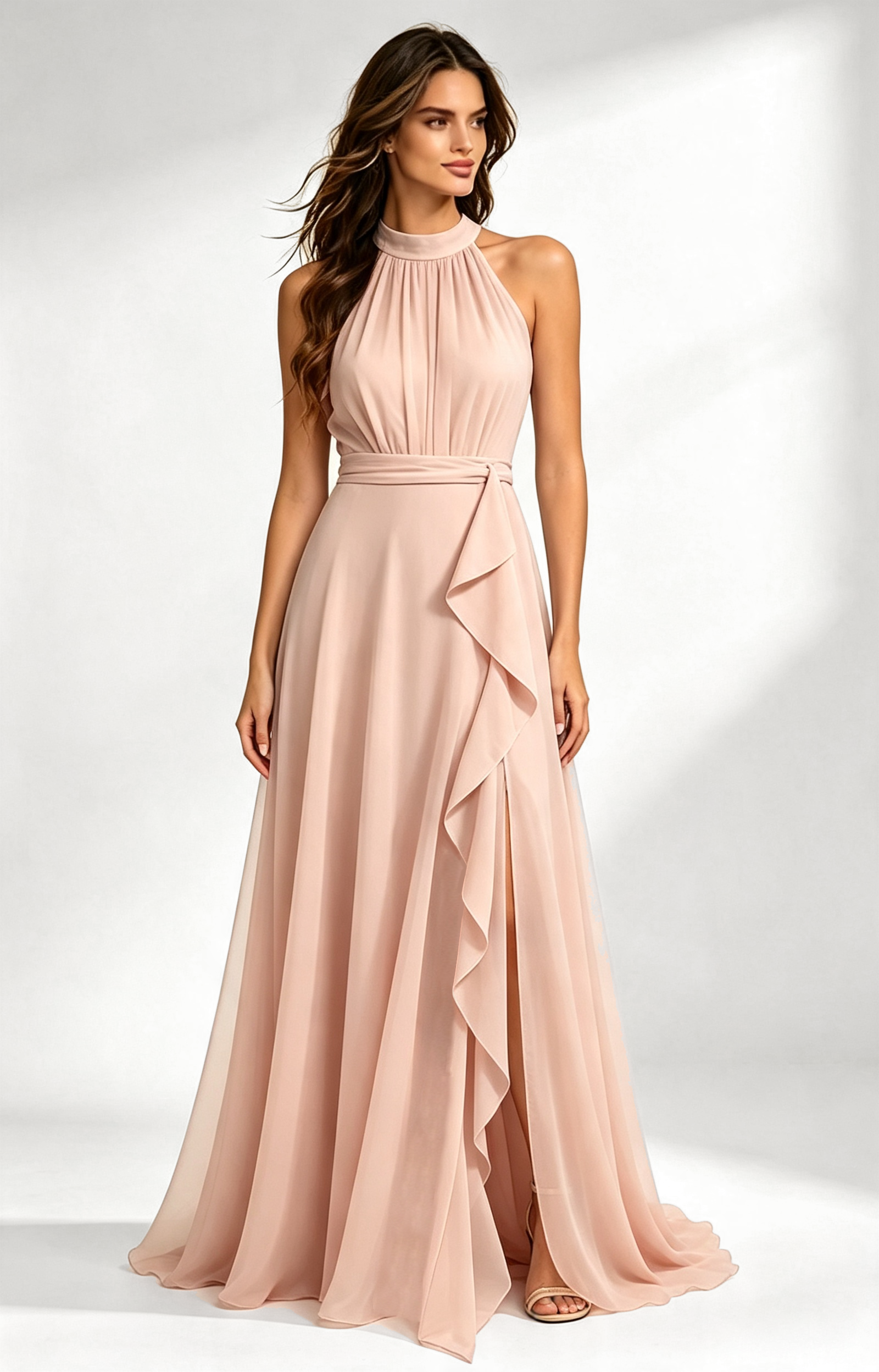 Blush Pink Halter Neck Chiffon Long Formal Dress Front View