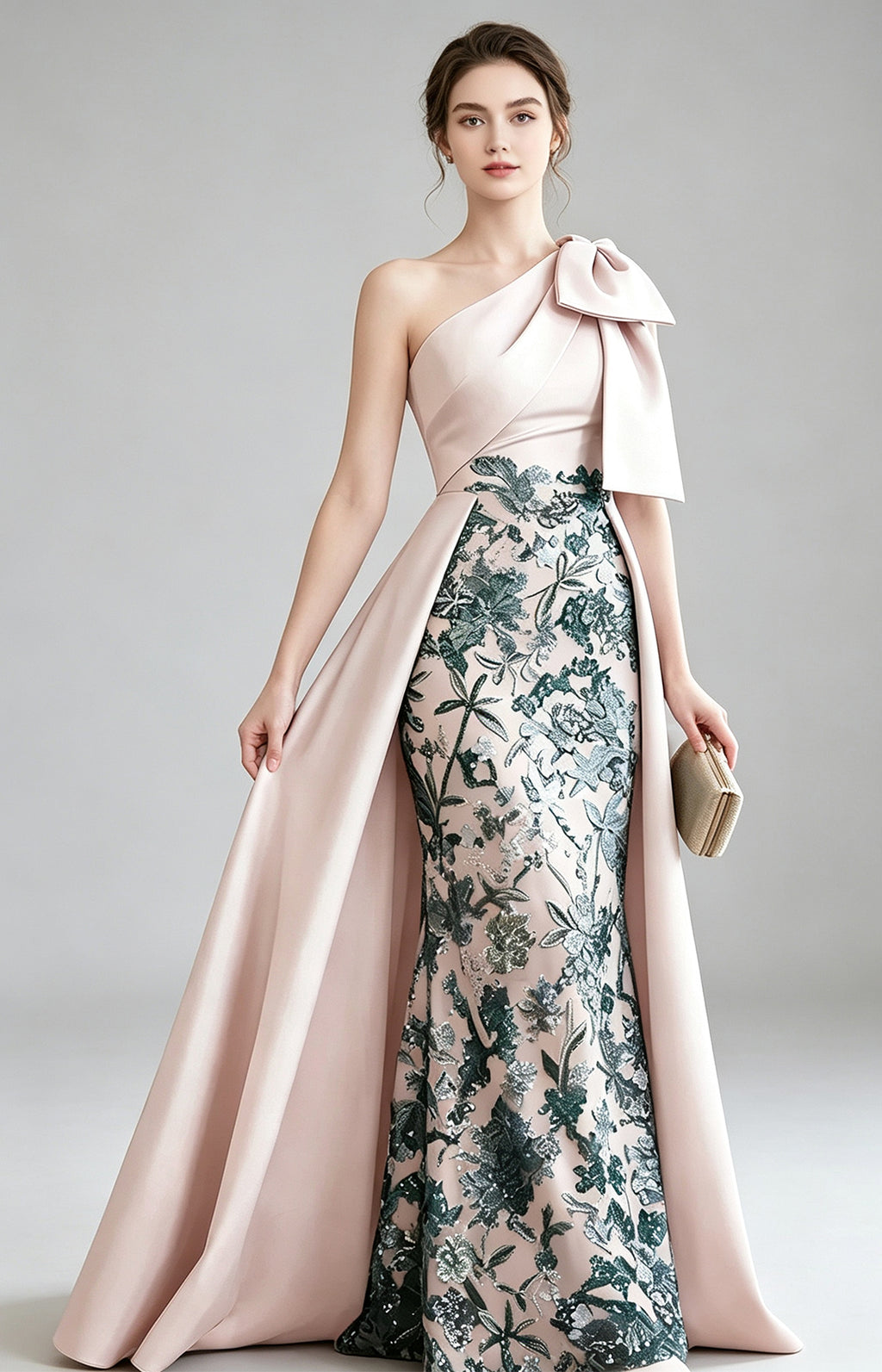 Blush Pink Premium Satin One Shoulder Mermaid Evening Gown with detachable satin overlay skirt