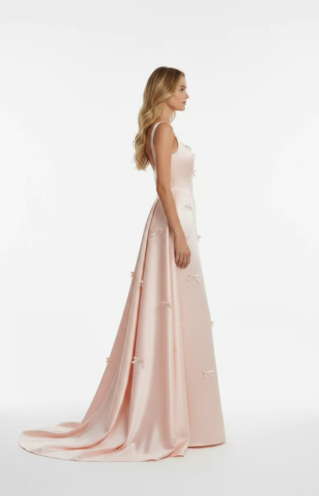 Blush Pink Satin Square Neck Low Back Prom Dress With 3D Bows Profile