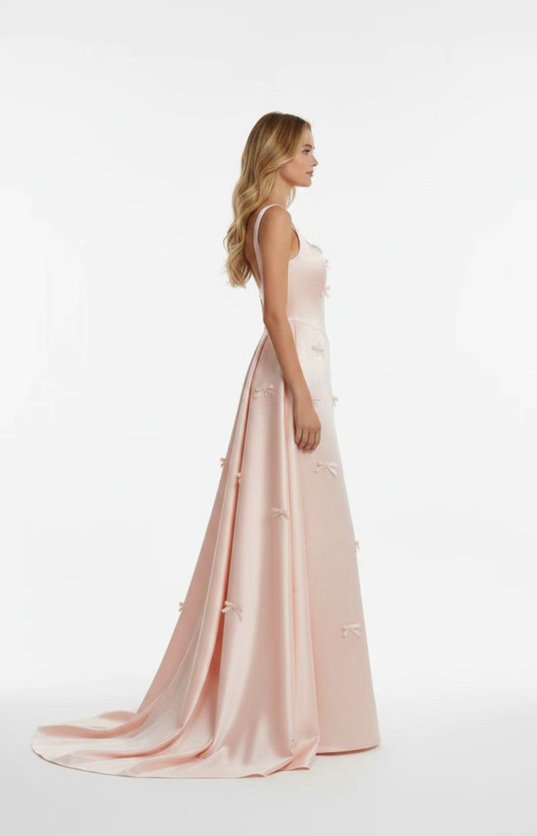 Blush Pink Satin Square Neck Low Back Prom Dress With 3D Bows Profile