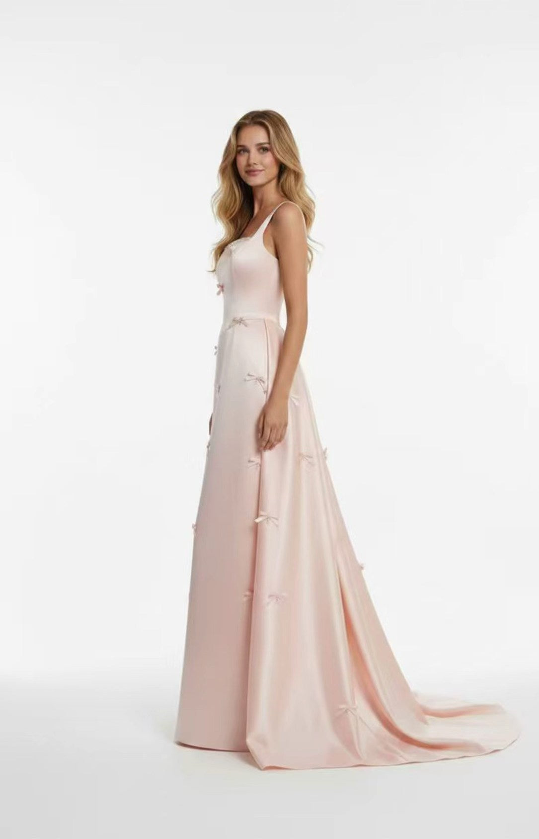  Blush Pink Heavy Satin Floor Length Evening Gown With Detachable A-Line Overskirt