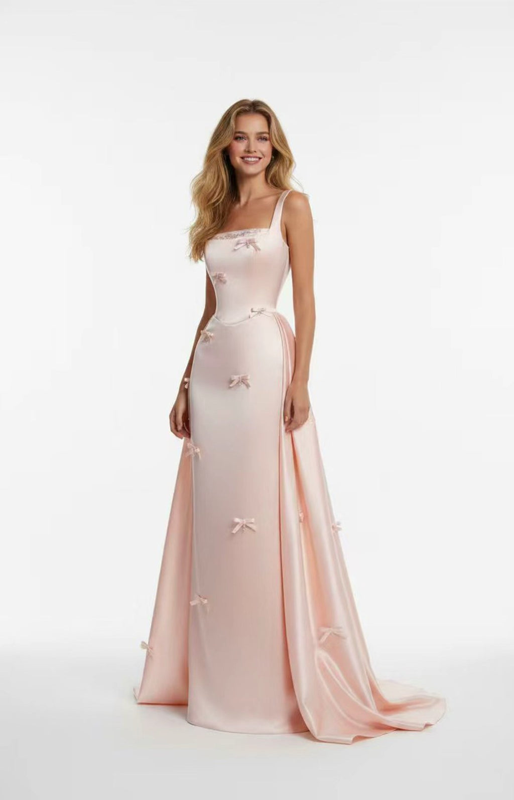 Blush satin square neck long prom dress with 3D bows for plus size women