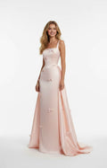 Blush satin square neck long prom dress with 3D bows for plus size women