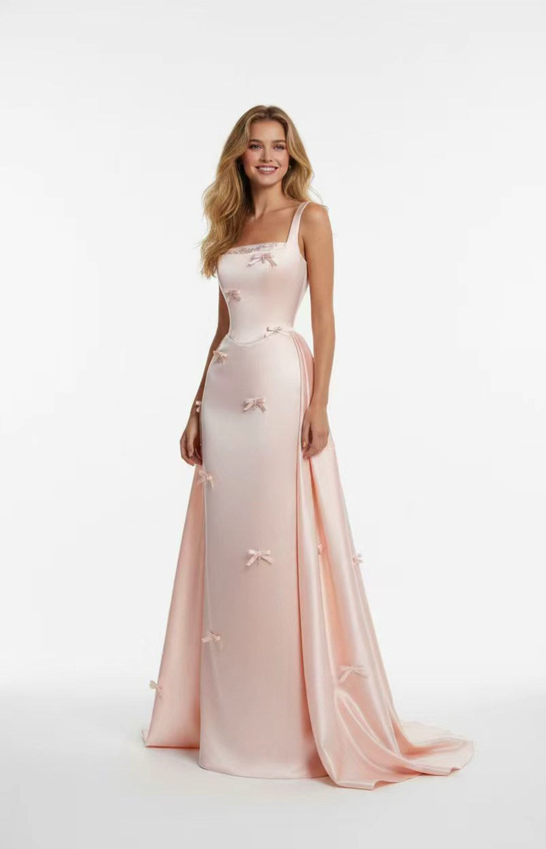 Blush satin square neck long prom dress with 3D bows for plus size women