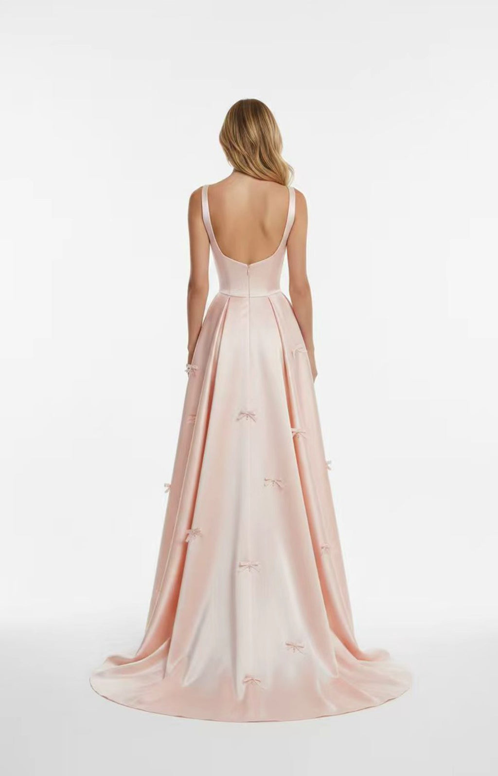 Blush satin square neck prom dress low U back with 3D bows plus size gown