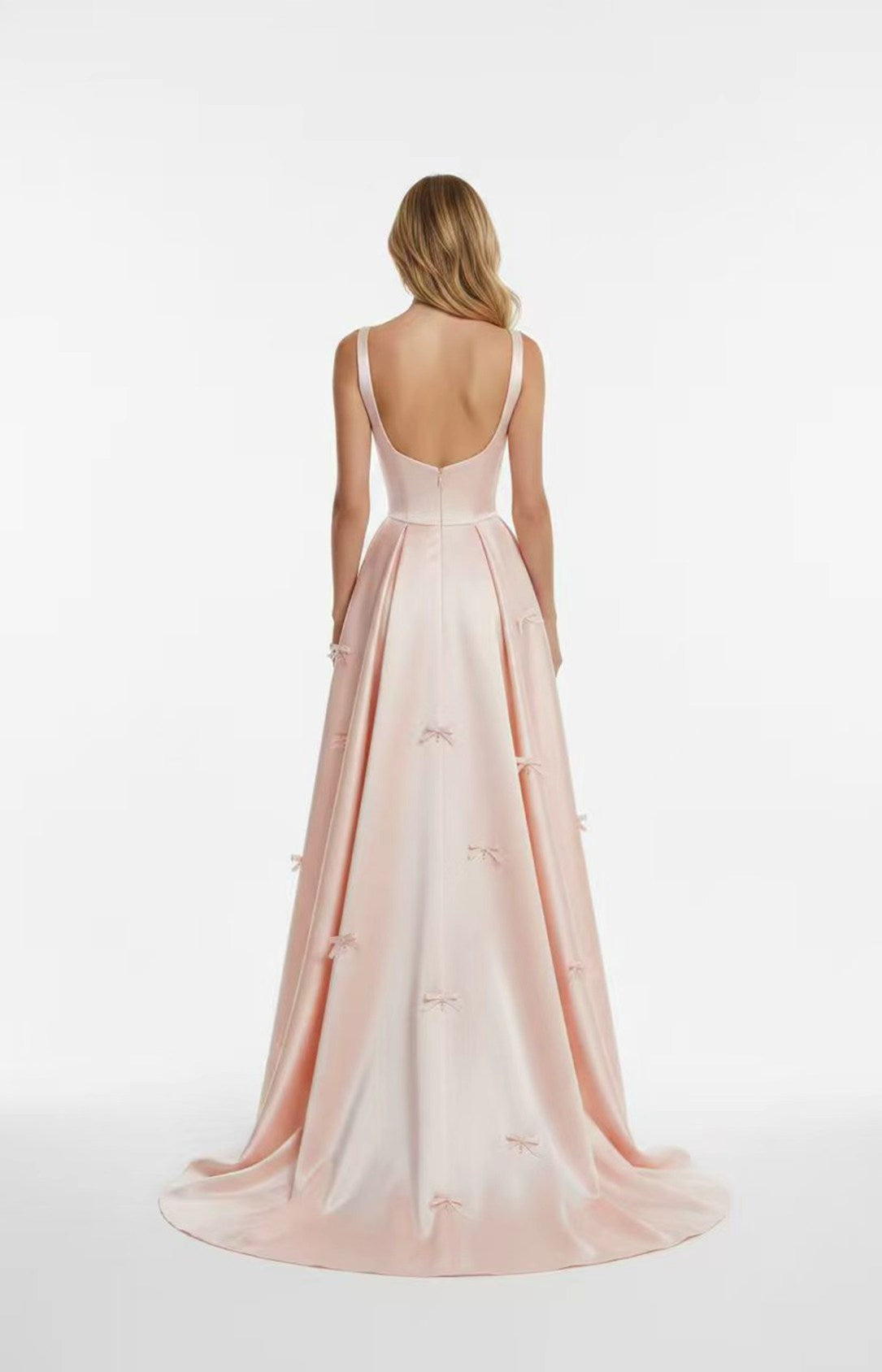 Blush satin square neck prom dress low U back with 3D bows plus size gown