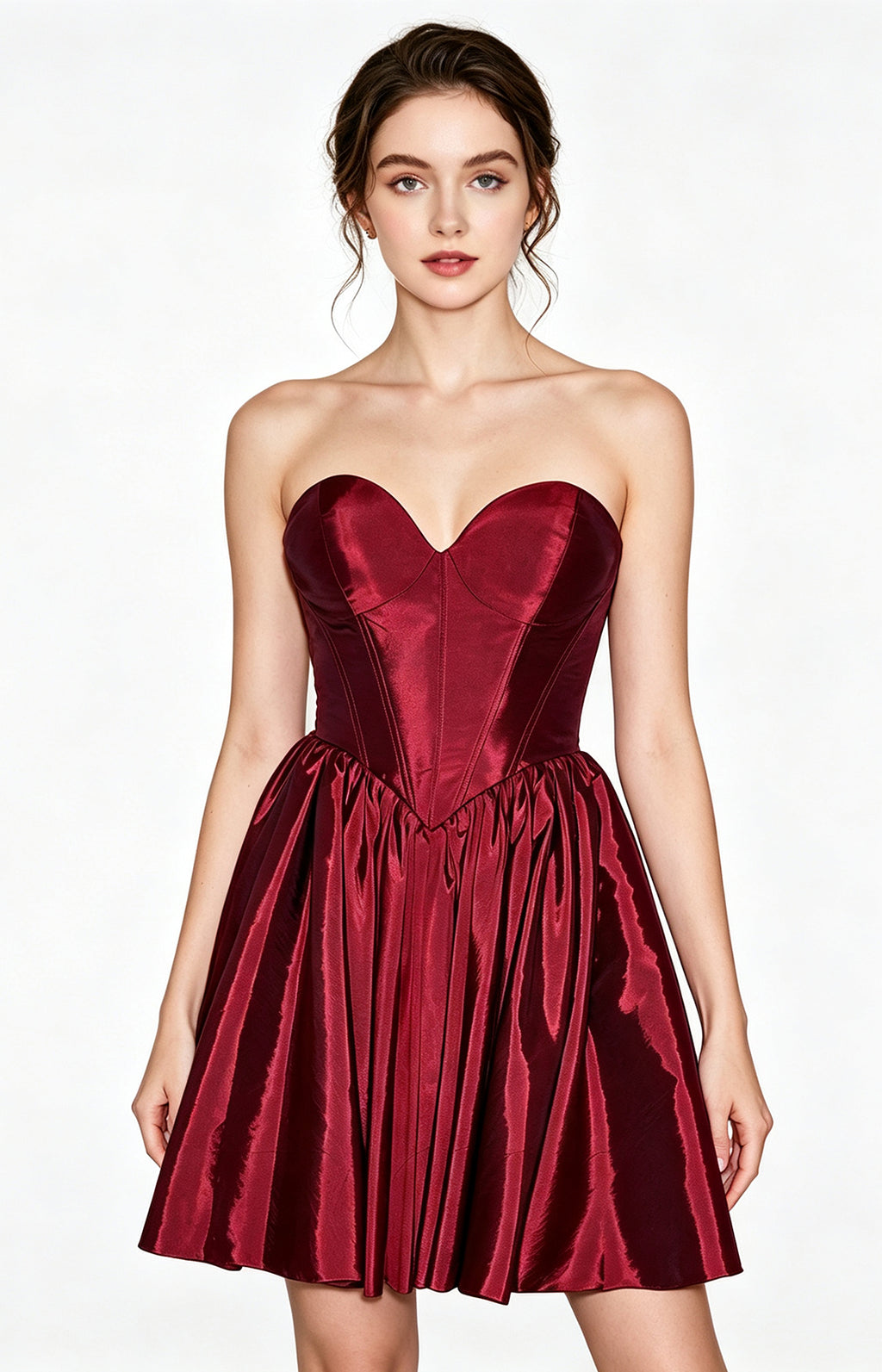 Burgundy Satin Strapless Sweetheart Corset A-Line Homecoming Dress Front View