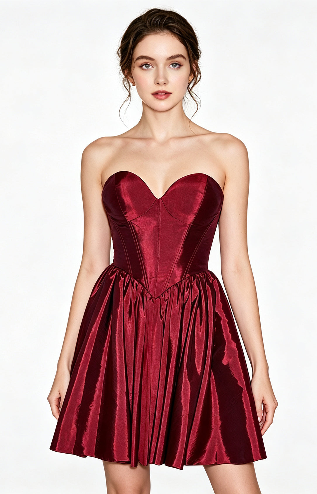 Burgundy Satin Strapless Sweetheart Corset A-Line Homecoming Dress Front View