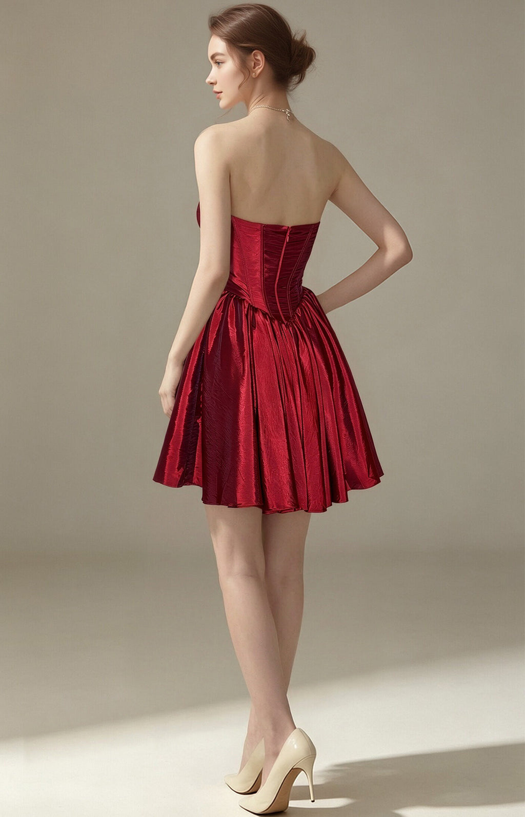 Burgundy Satin Strapless Sweetheart Corset Homecoming Dress Back Zipper View