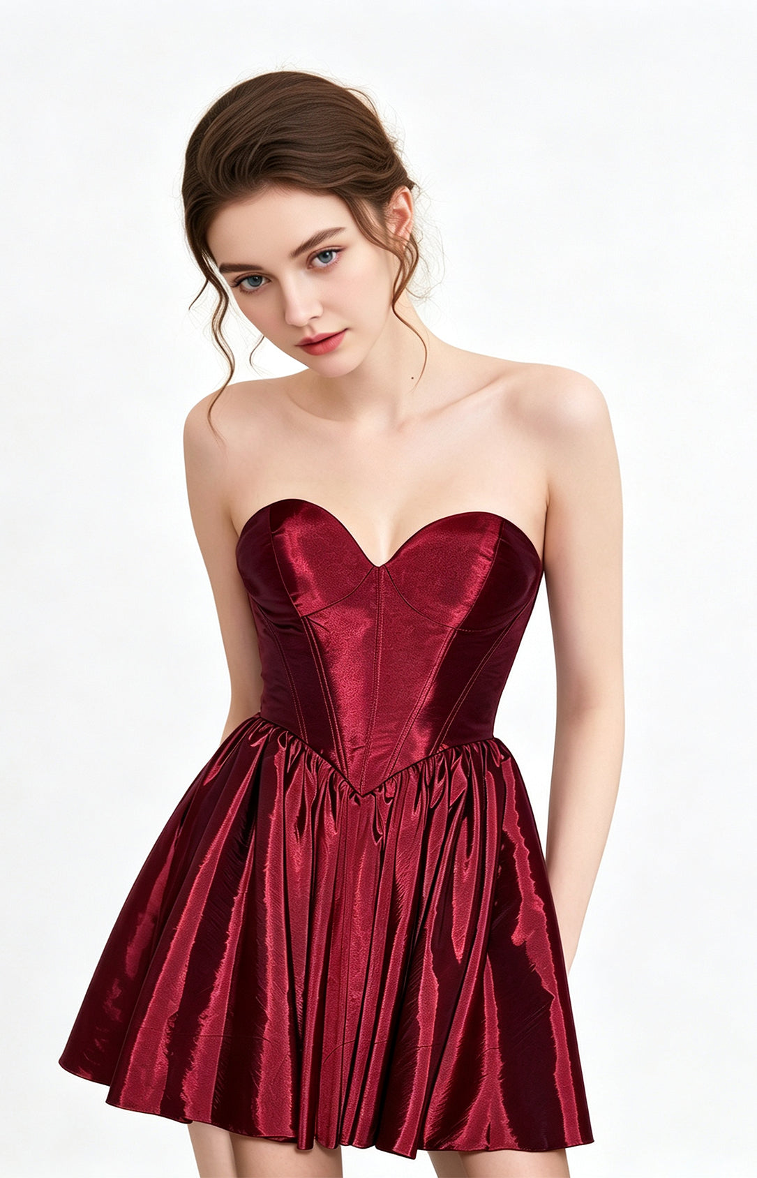 Burgundy Satin Strapless Sweetheart Corset A-Line Homecoming Dress Full Front