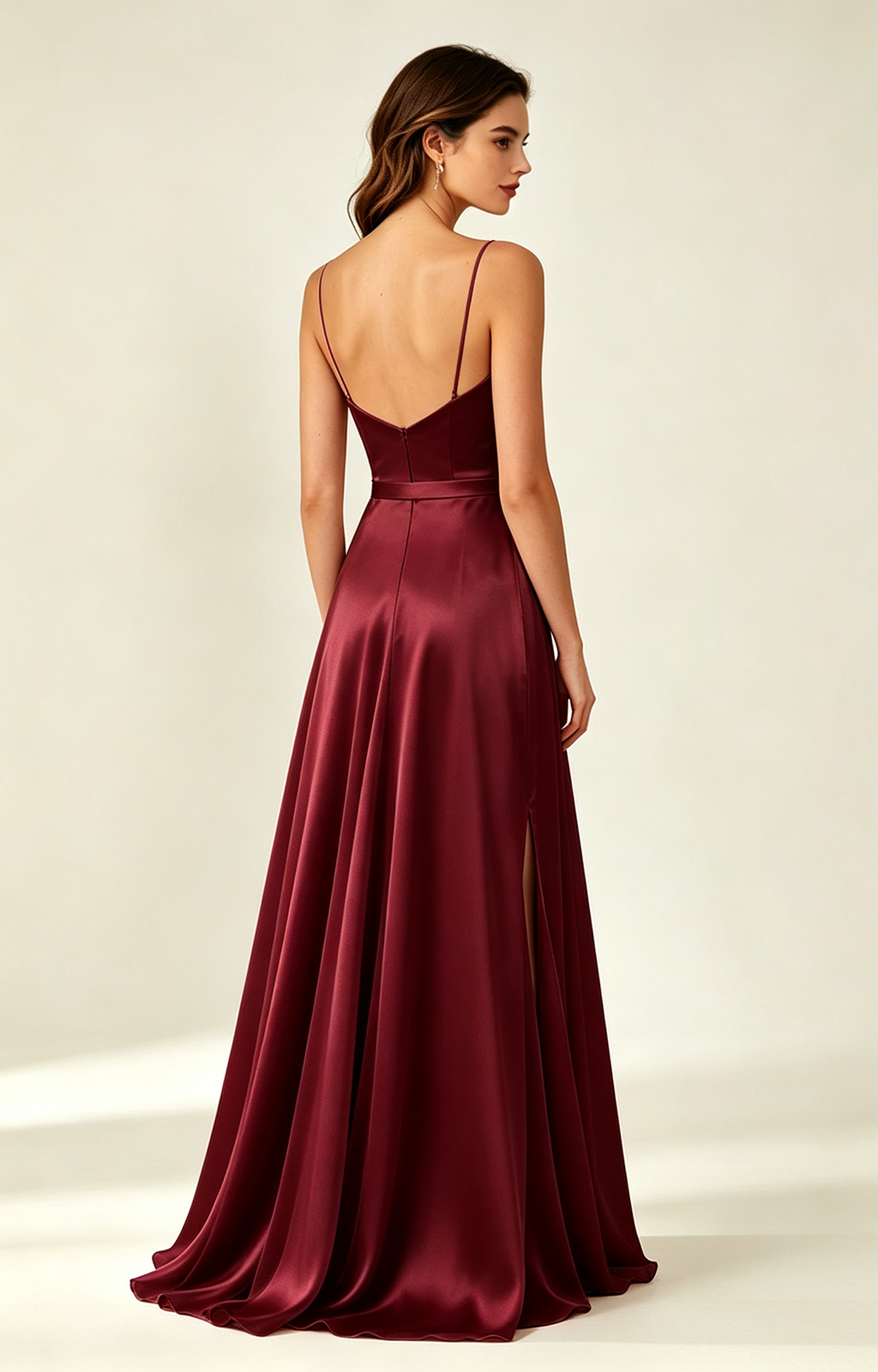 Burgundy Spaghetti Strap V Neck Satin Bridesmaid Dress Back View 2
