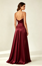 Burgundy Spaghetti Strap V Neck Satin Bridesmaid Dress Back View 2
