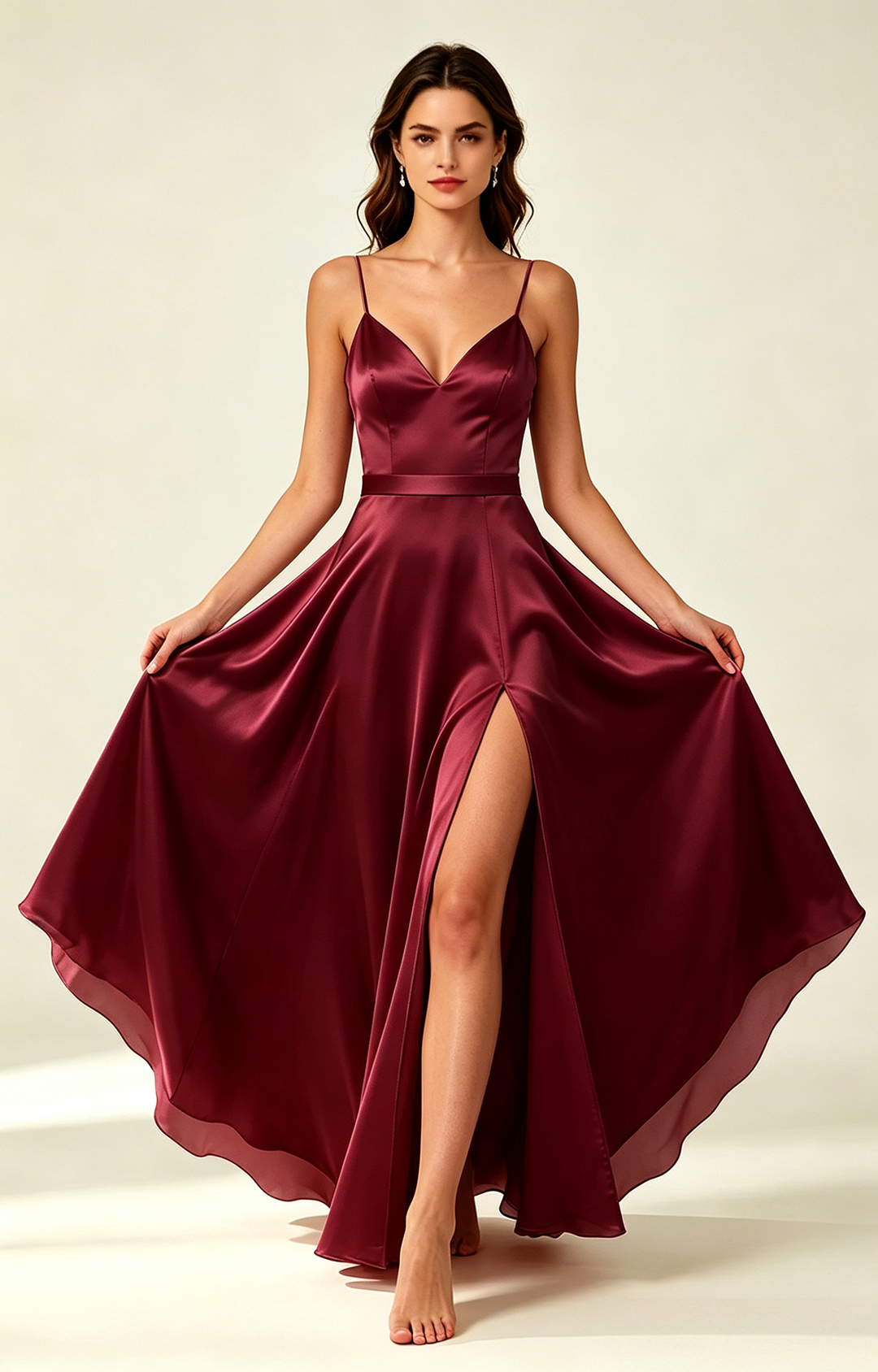 Burgundy Spaghetti Strap V Neck Satin Bridesmaid Dress  Round View