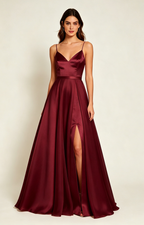 Burgundy Spaghetti Strap V Neck Satin Bridesmaid Dress Front View