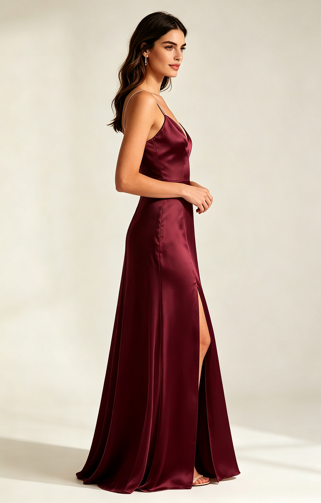 Burgundy Spaghetti Strap V Neck Satin Bridesmaid Dress Side View