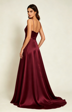 Burgundy Spaghetti Strap V Neck Satin Bridesmaid Dress Back View