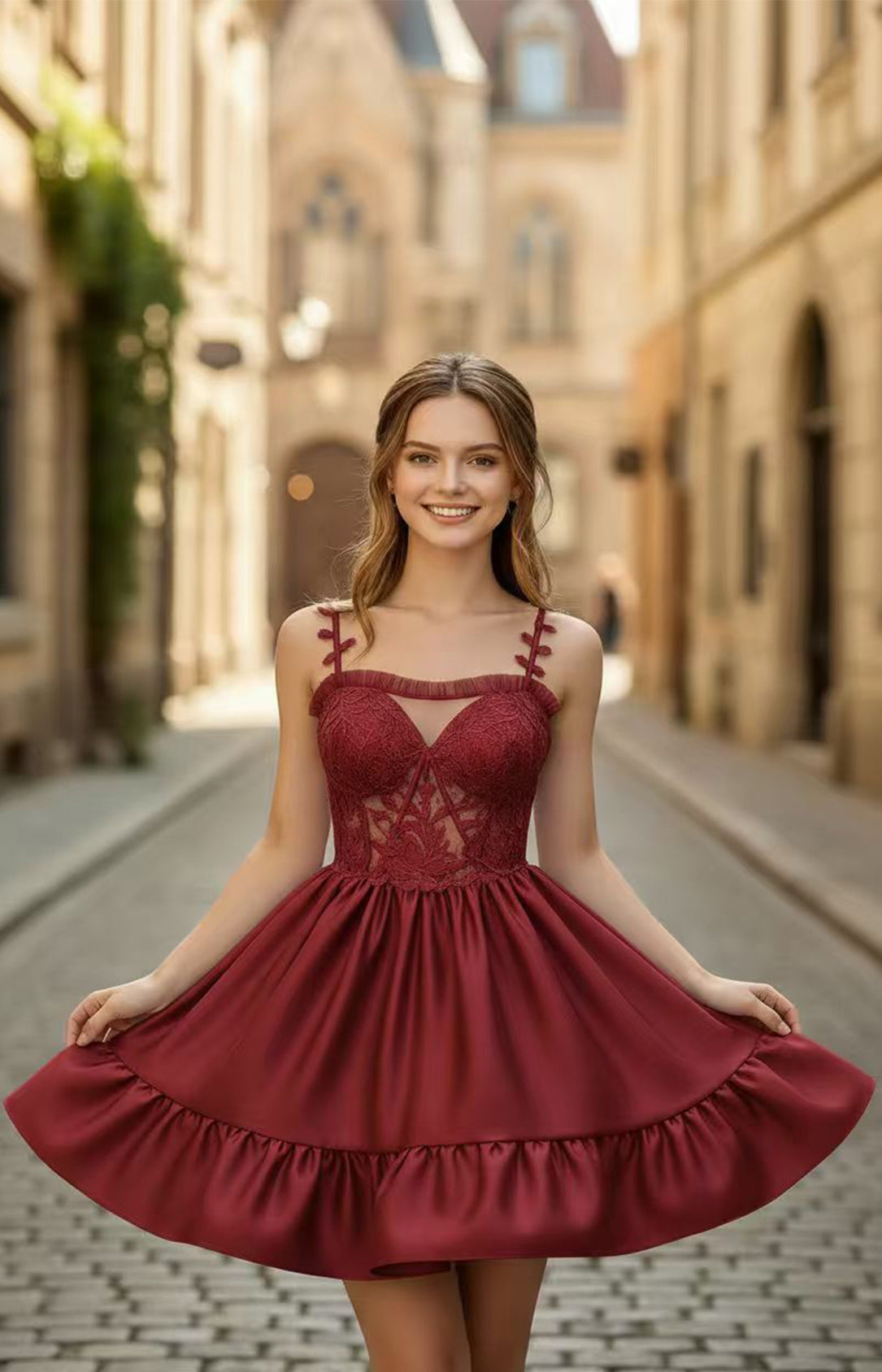 Burgundy embroidered satin mini dress with tie bow straps and ruffle hem – front view | Xalpheor
