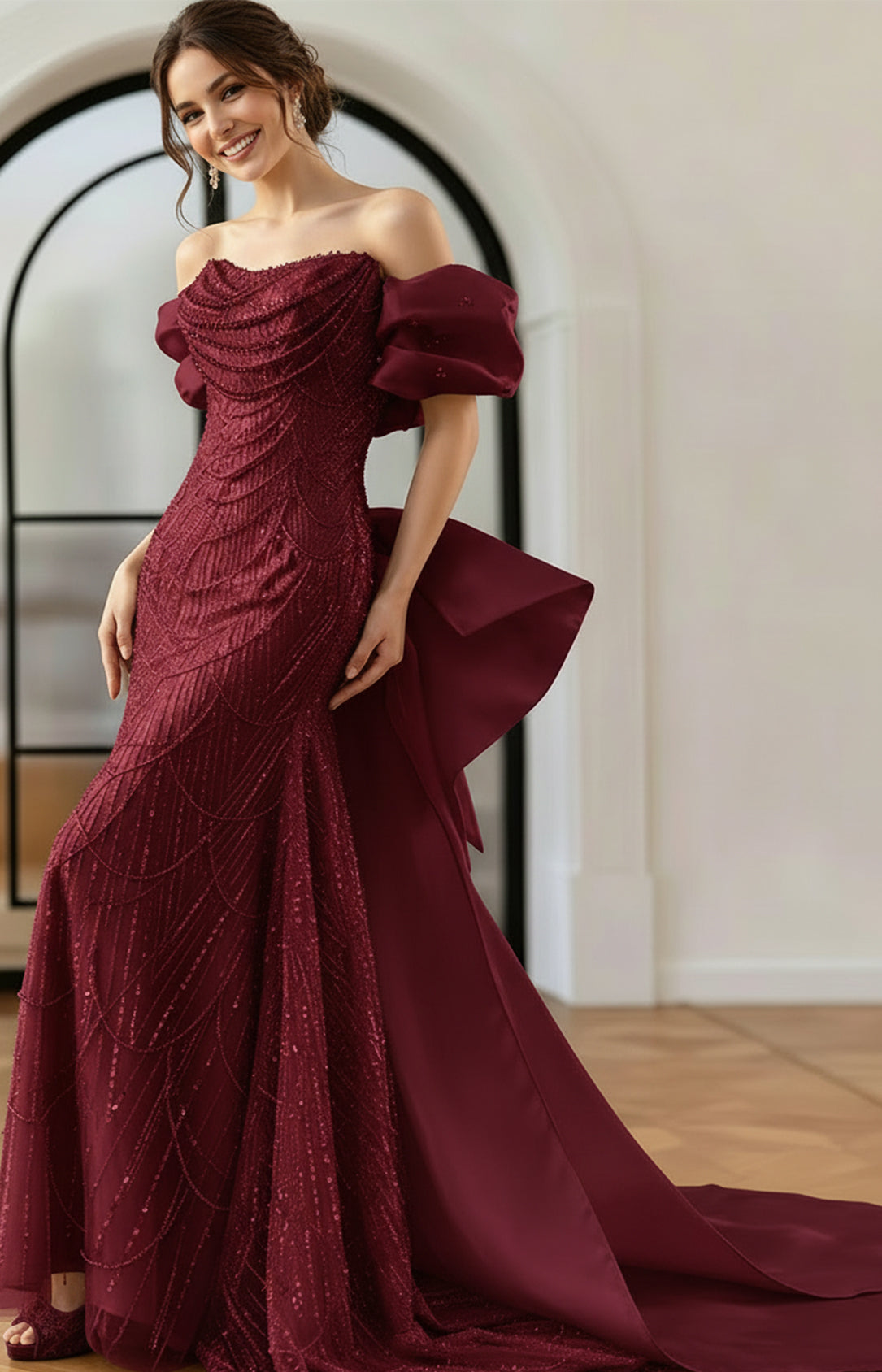 Burgundy red beaded mermaid prom gown with corset back and oversized bow