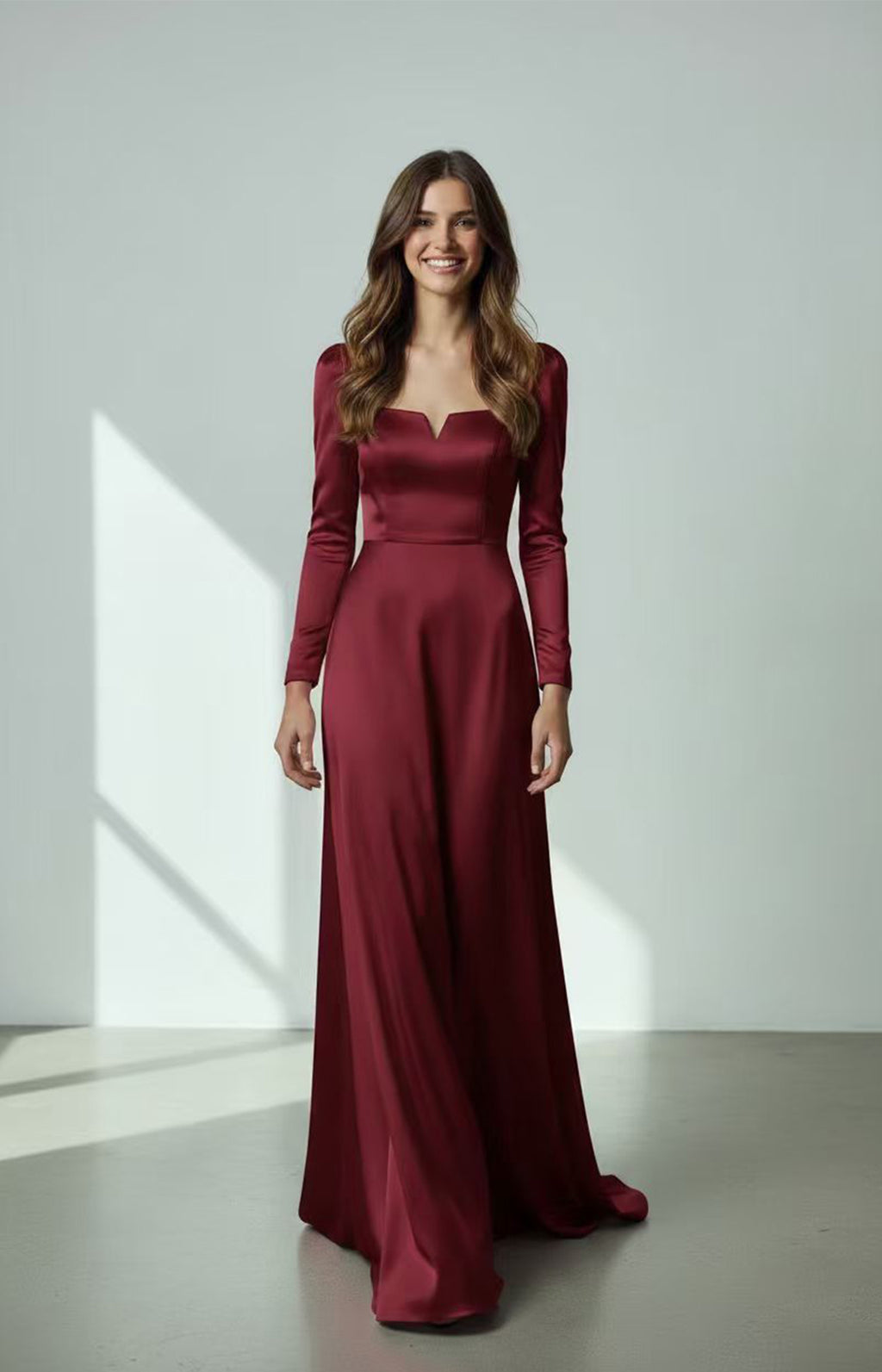 Burgundy  Heavy Satin Long Sleeve Wedding Dress Front View
