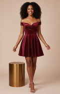 Burgundy Off-the-Shoulder Glitter Velvet Draped A-Line Homecoming Dress