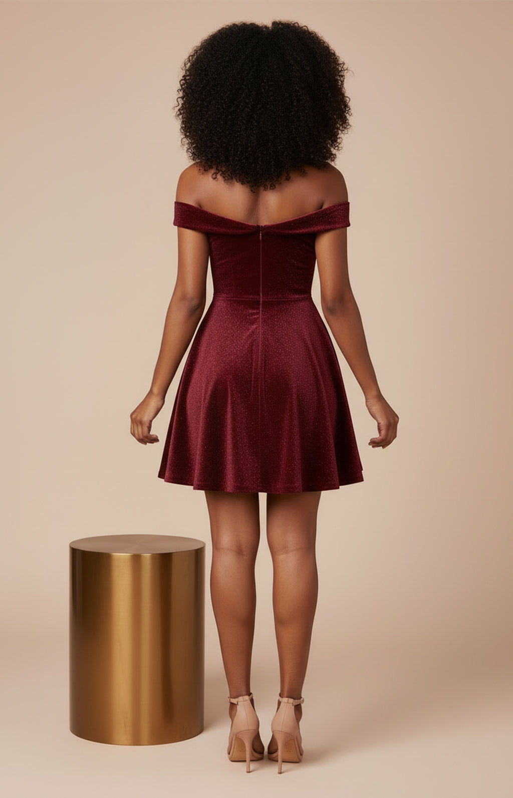 Burgundy Off-the-Shoulder Glitter Velvet Draped A-Line Homecoming Dress Back View