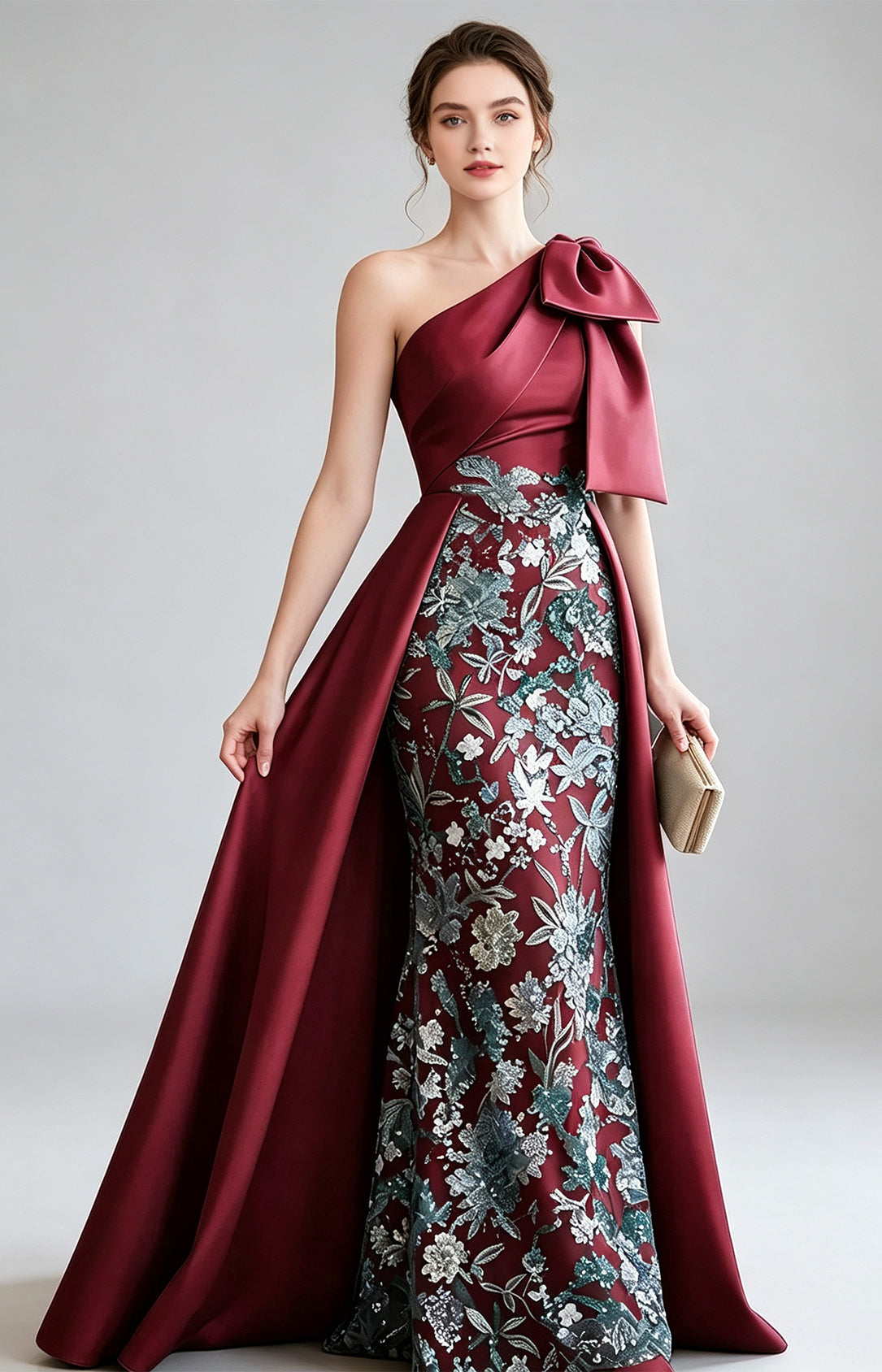 Burgundy Premium Satin One Shoulder Mermaid Evening Gown with detachable satin overlay skirt