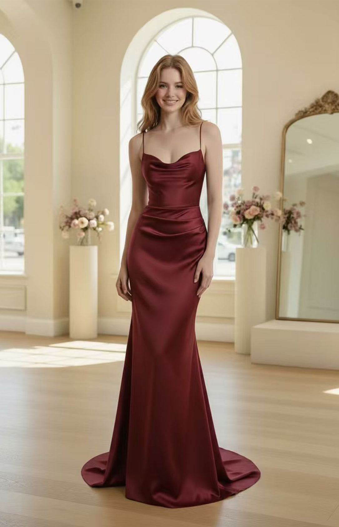 Burgundy Satin Mermaid Evening Gown Front View