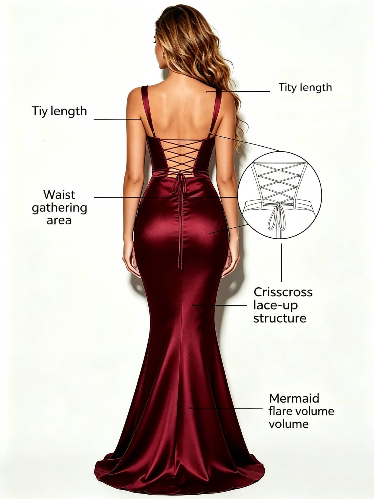Burgundy Satin Mermaid Evening Gown Square Neck Lace Up Back Formal Dress Back Size View
