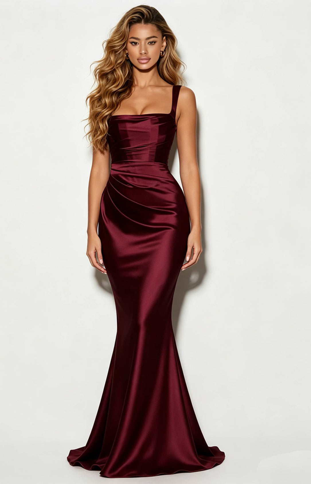 Burgundy Satin Mermaid Evening Gown Square Neck Lace Up Back Formal Dress Front Detail Front View 