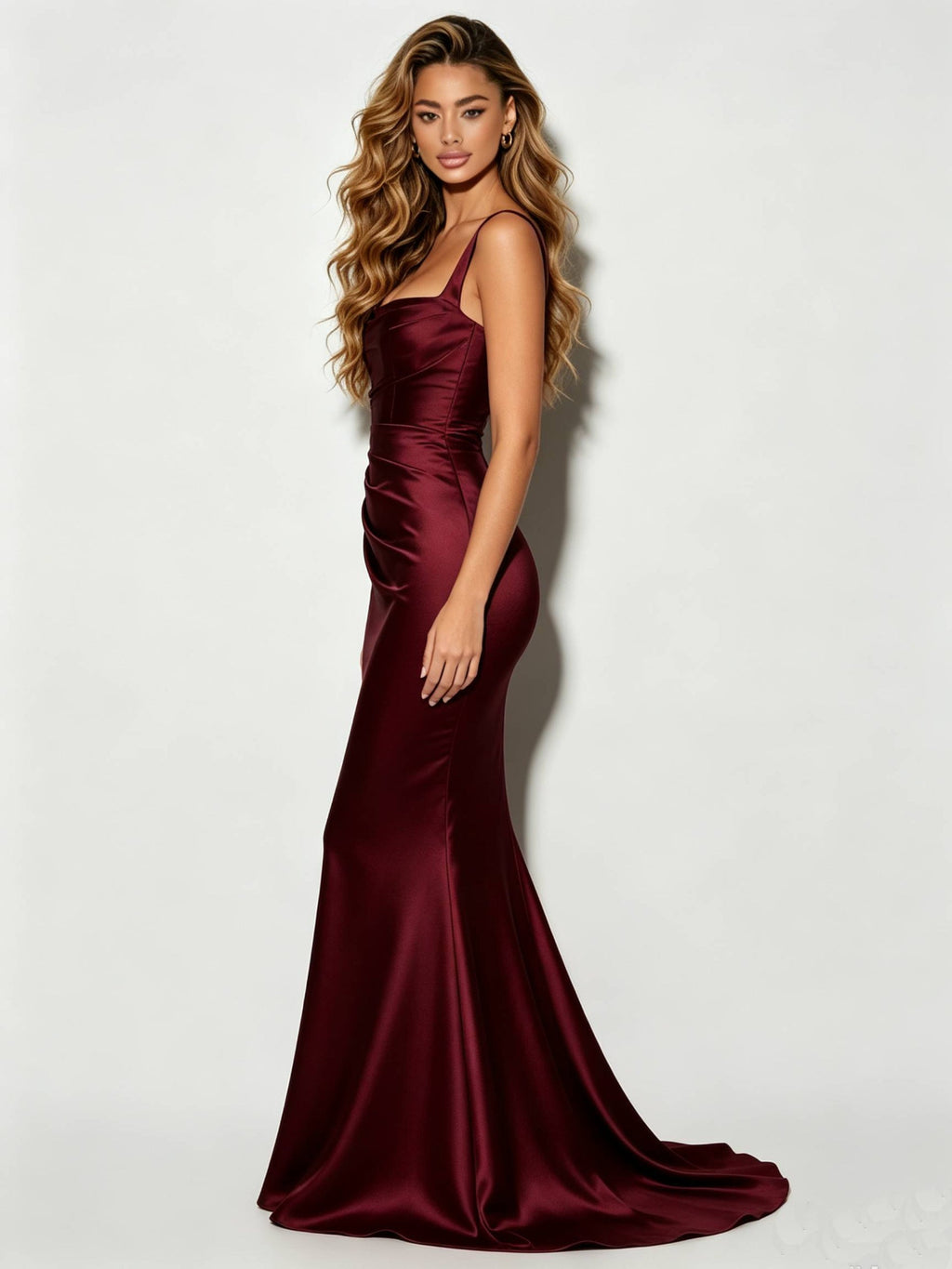 Burgundy Satin Mermaid Evening Gown Square Neck Lace Up Back Formal Dress Side View