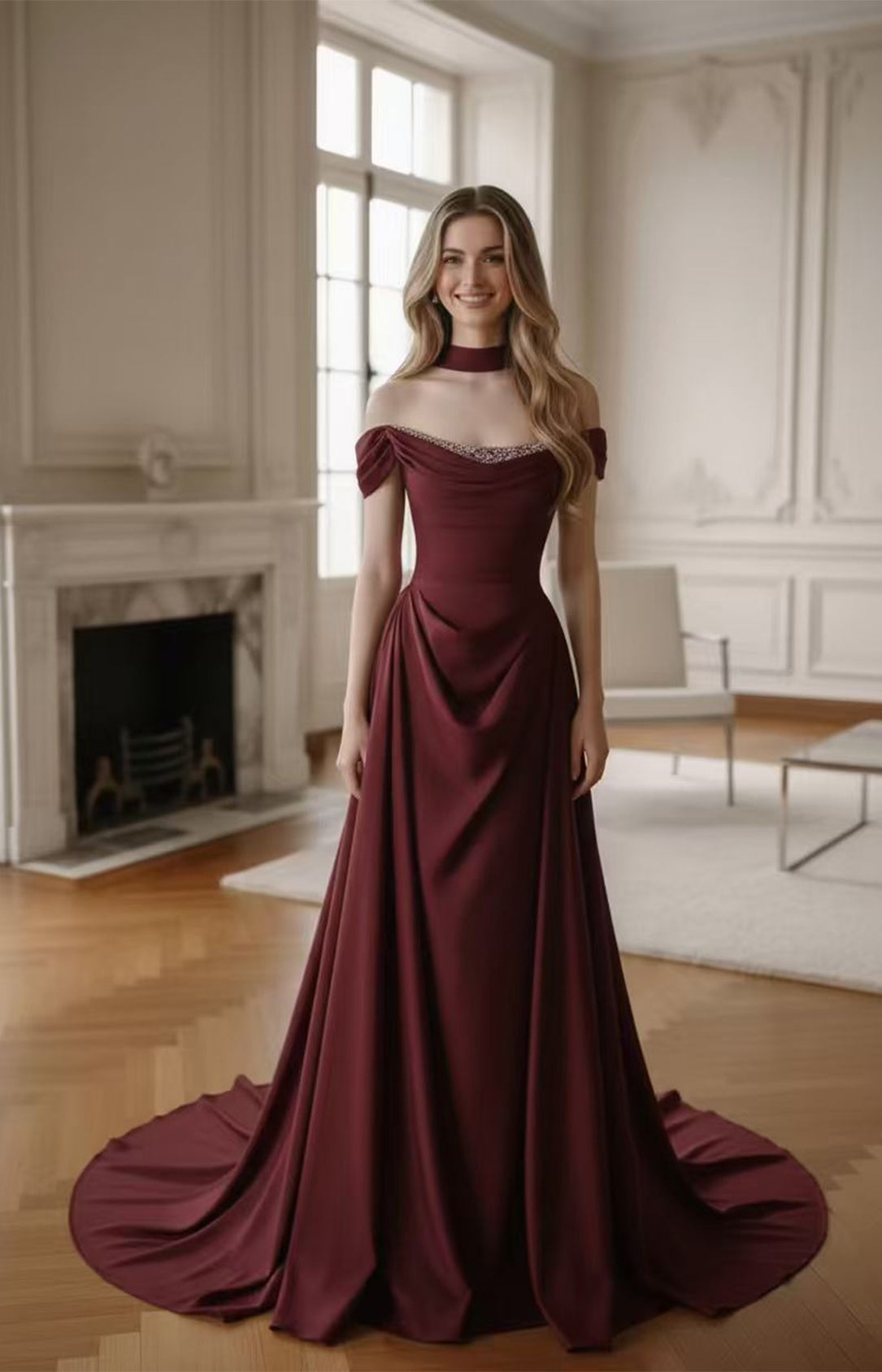 Burgundy Satin Off-The-Shoulder A-Line Wedding Dress with Corset Back and Chapel Train