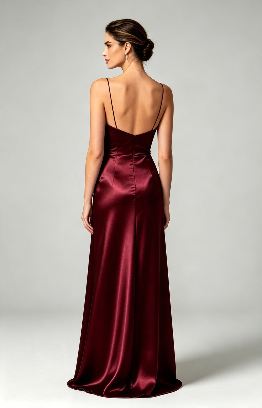 Burgundy Spaghetti Strap Sweetheart Mermaid Luminous Satin Evening Dress Back View