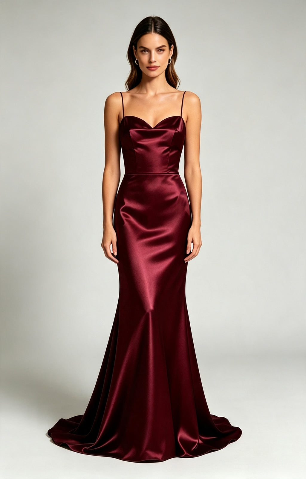 Burgundy Spaghetti Strap Sweetheart Mermaid Luminous Satin Evening Dress Front View