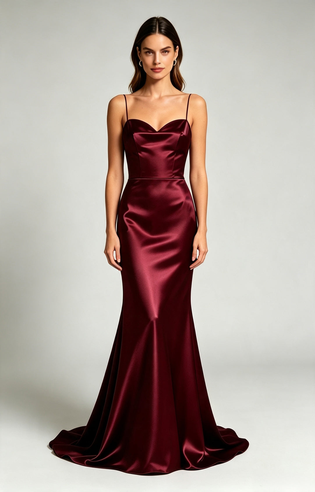 Burgundy Spaghetti Strap Sweetheart Mermaid Luminous Satin Evening Dress Front View