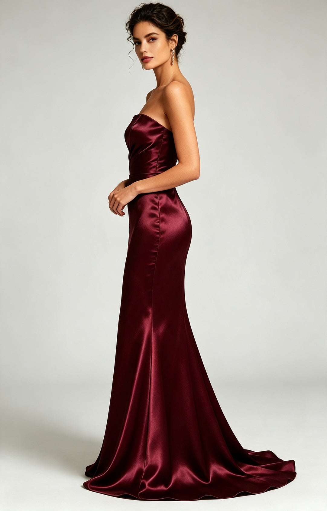 Burgundy Spaghetti Strap Sweetheart Mermaid Luminous Satin Evening Dress Side View