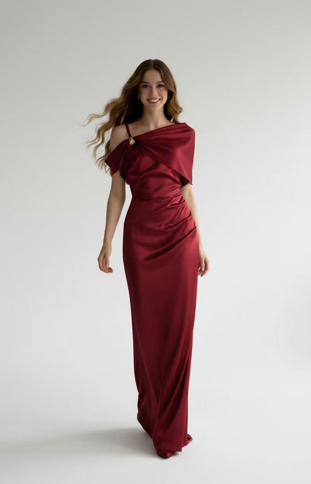 Burgundy red satin asymmetric one-shoulder prom dress - elegant US